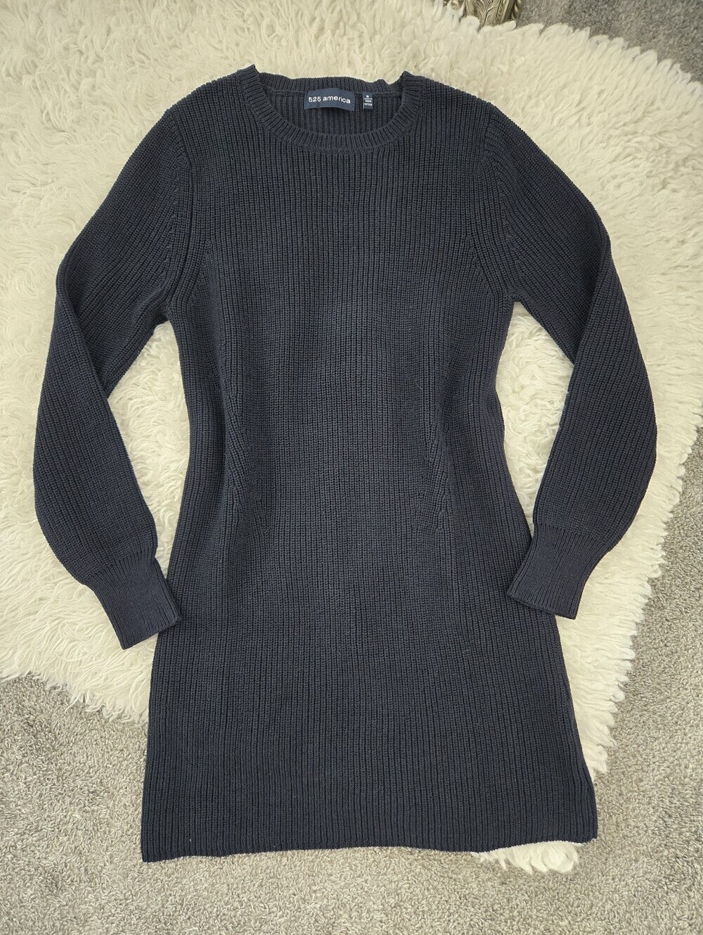 525 America 100% Cotton navy blue long-sleeve shaker-stitch knit mini sweater dr